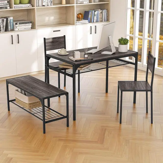 Alt view image 3 of 7 - SlickBlue Industrial Style Rectangular Kitchen Table with Bench and Chairs-Gray