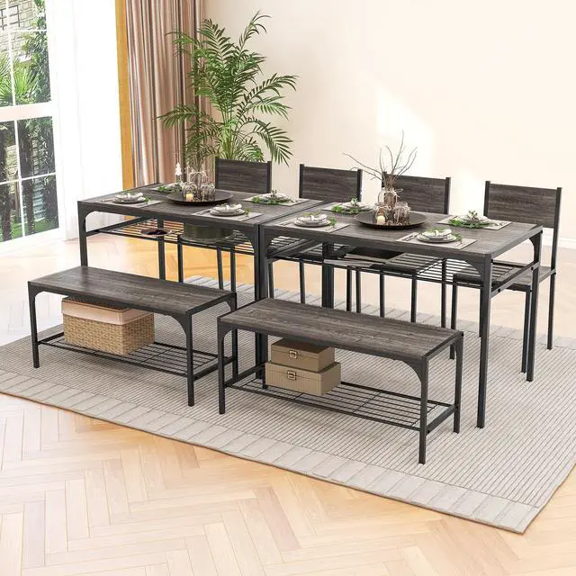 Alt view image 6 of 7 - SlickBlue Industrial Style Rectangular Kitchen Table with Bench and Chairs-Gray