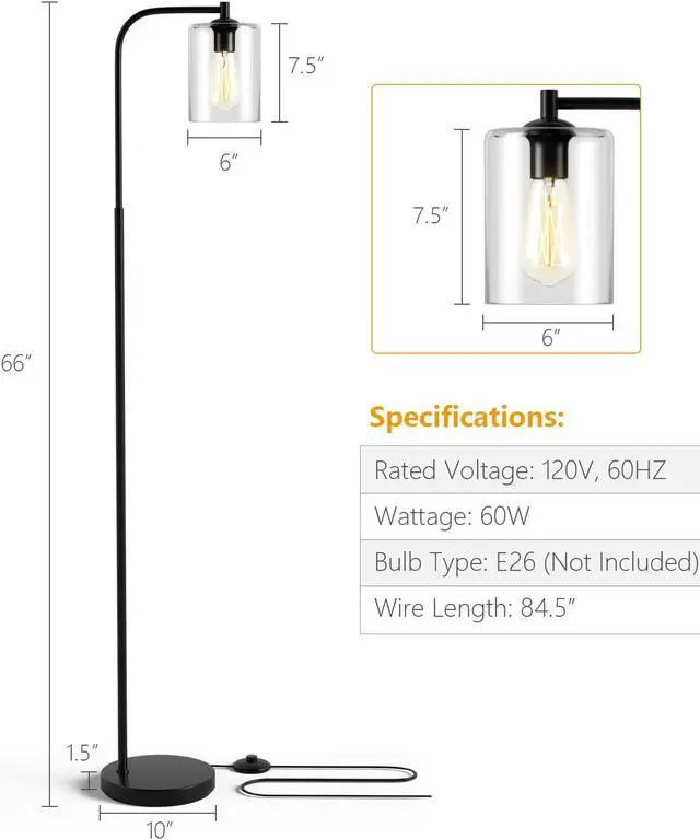 Alt view image 2 of 7 - SlickBlue Industrial Floor Lamp with Glass Shade-Black