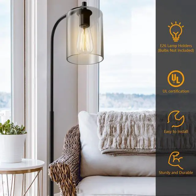 Alt view image 3 of 7 - SlickBlue Industrial Floor Lamp with Glass Shade-Black