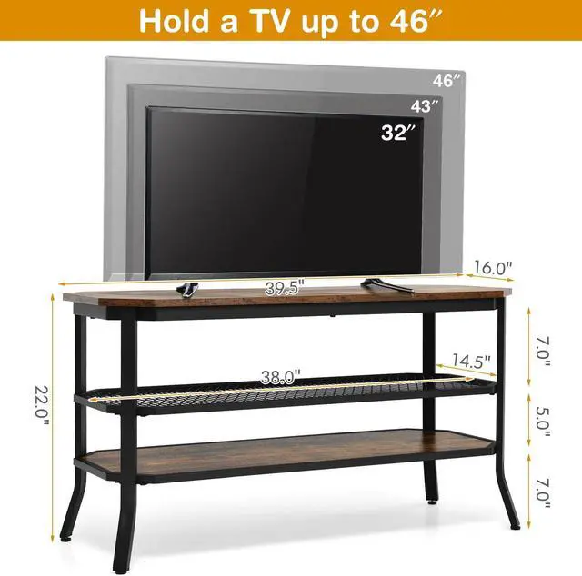 Alt view image 4 of 7 - SlickBlue 3-tier Console Table TV Stand with Mesh Storage Shelf-Rustic Brown