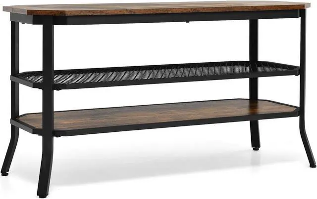 Main image of SlickBlue 3-tier Console Table TV Stand with Mesh Storage Shelf-Rustic Brown