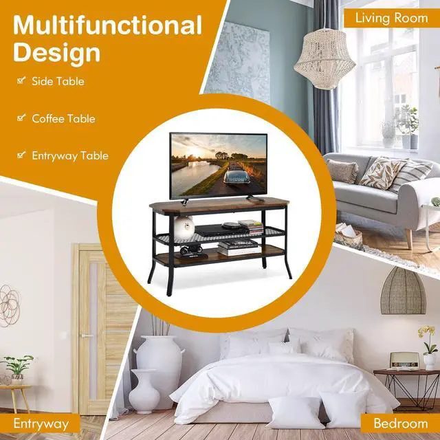 Alt view image 5 of 7 - SlickBlue 3-tier Console Table TV Stand with Mesh Storage Shelf-Rustic Brown