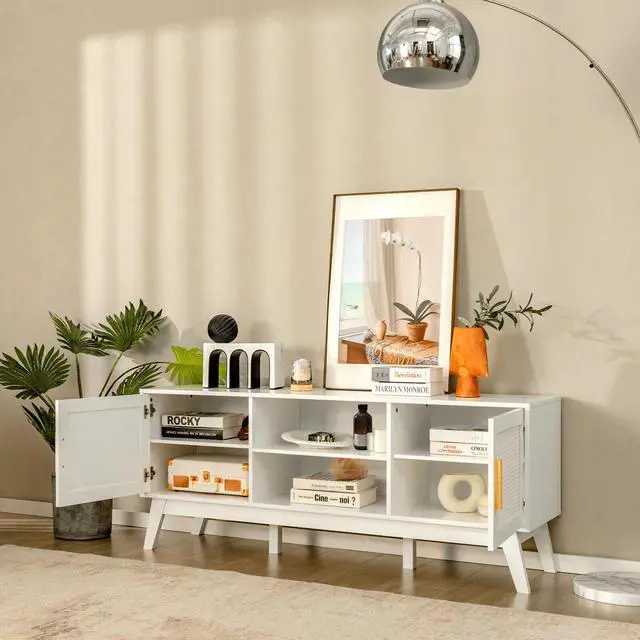 Alt view image 3 of 7 - SlickBlue TV Stand Entertainment Media Console with 2 Rattan Cabinets and Open Shelves-White