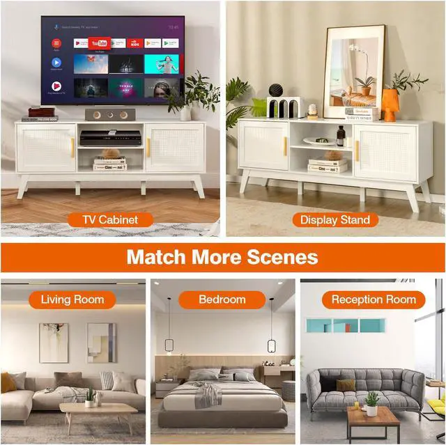 Alt view image 6 of 7 - SlickBlue TV Stand Entertainment Media Console with 2 Rattan Cabinets and Open Shelves-White