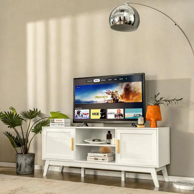 Alt view image 5 of 7 - SlickBlue TV Stand Entertainment Media Console with 2 Rattan Cabinets and Open Shelves-White