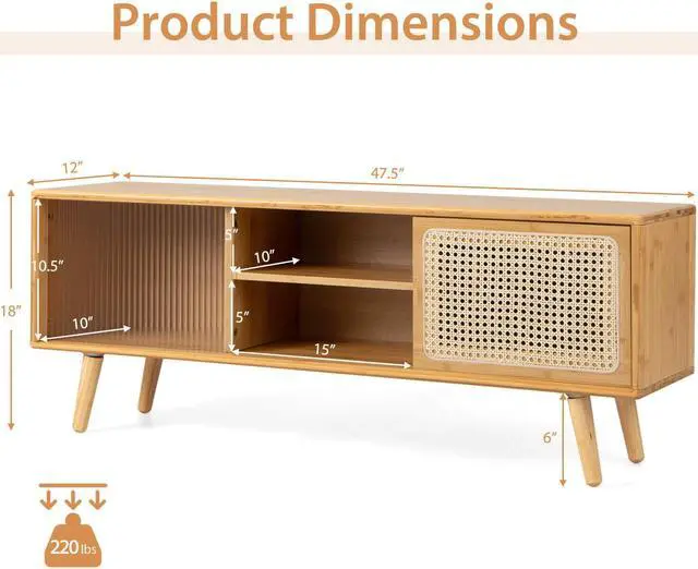 Alt view image 4 of 7 - SlickBlue Modern TV Stand with Rattan Glass Sliding Doors-Natural