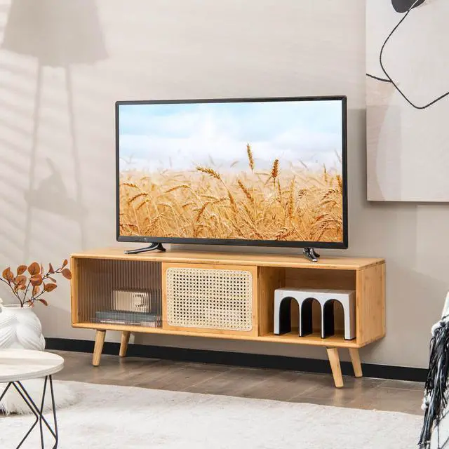Alt view image 2 of 7 - SlickBlue Modern TV Stand with Rattan Glass Sliding Doors-Natural
