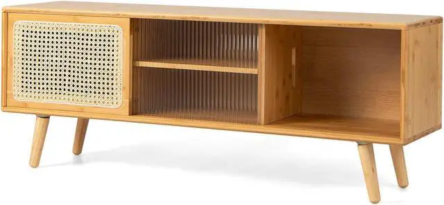 Main image of SlickBlue Modern TV Stand with Rattan Glass Sliding Doors-Natural