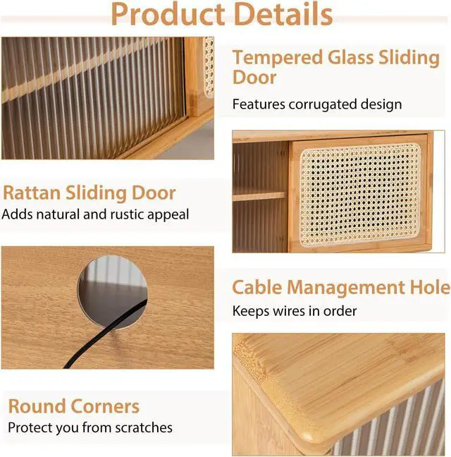 Alt view image 5 of 7 - SlickBlue Modern TV Stand with Rattan Glass Sliding Doors-Natural