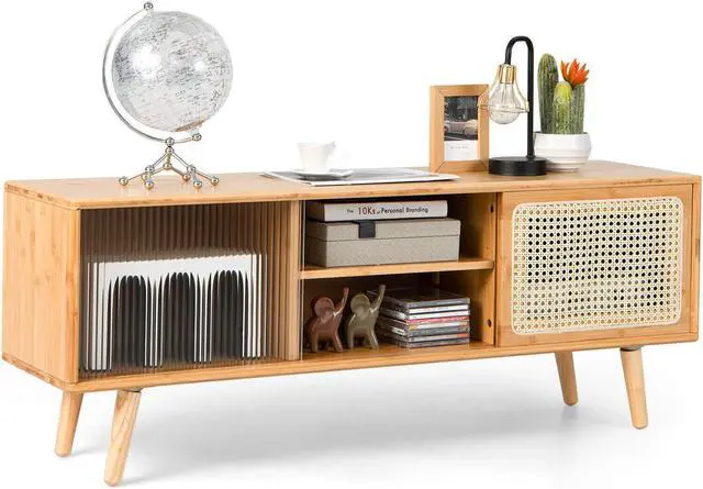 Alt view image 7 of 7 - SlickBlue Modern TV Stand with Rattan Glass Sliding Doors-Natural