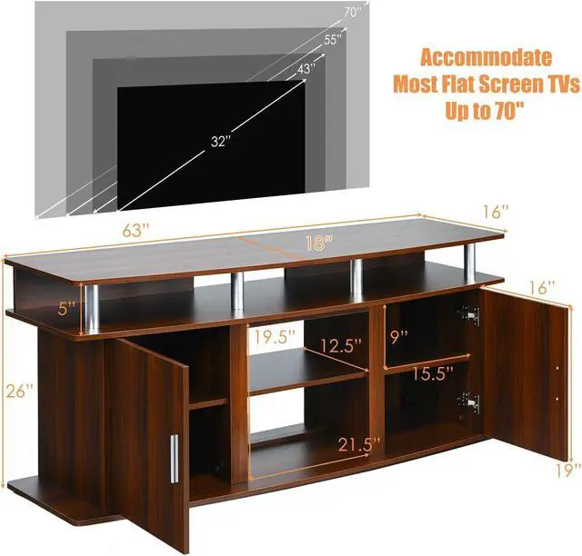 Alt view image 2 of 7 - SlickBlue 63 Inch TV Entertainment Console Center with 2 Cabinets-Walnut