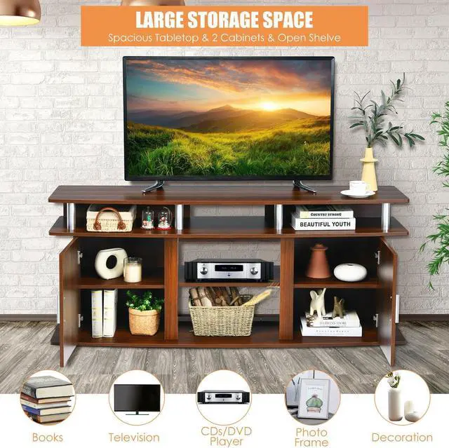 Alt view image 3 of 7 - SlickBlue 63 Inch TV Entertainment Console Center with 2 Cabinets-Walnut