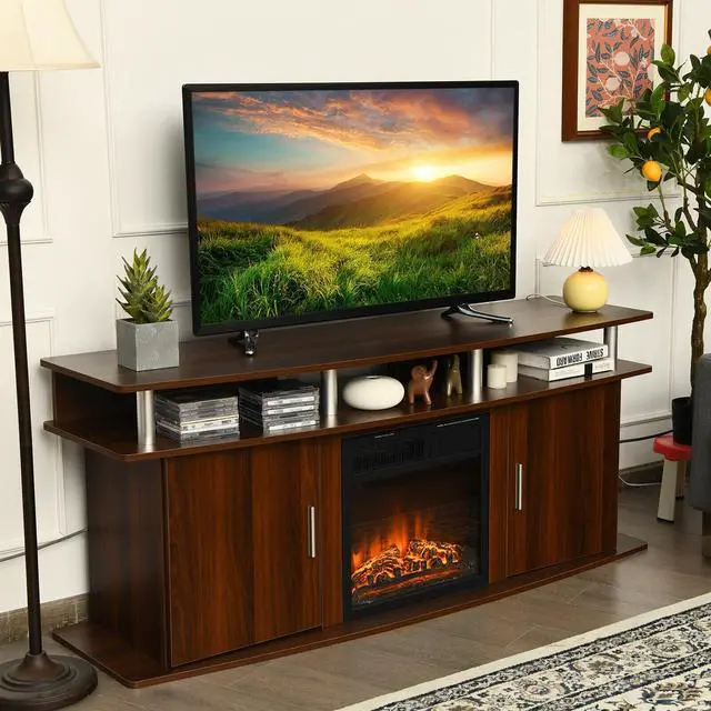 Alt view image 6 of 7 - SlickBlue 63 Inch TV Entertainment Console Center with 2 Cabinets-Walnut