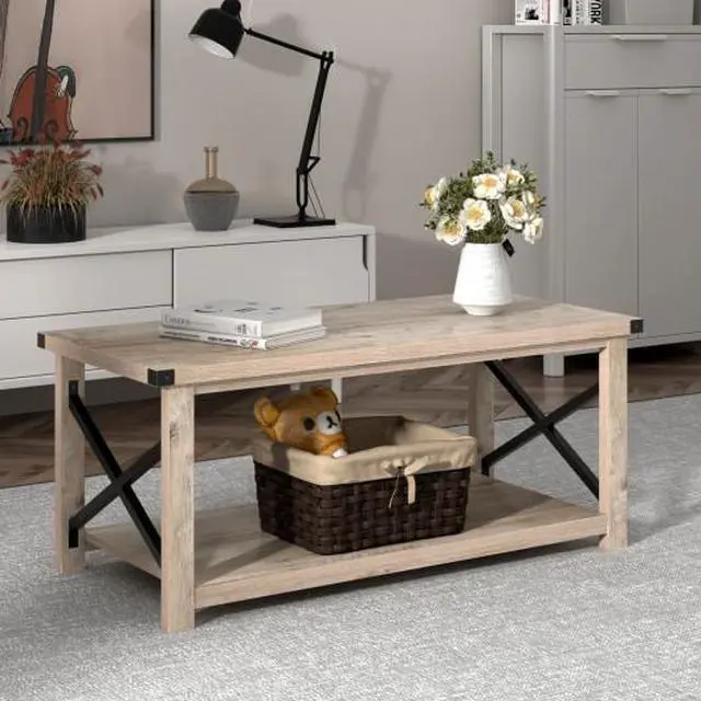 Alt view image 3 of 3 - SlickBlue Rustic Accent Coffee Table Metal X Shaped Side Cocktail Table with Storage Shelf