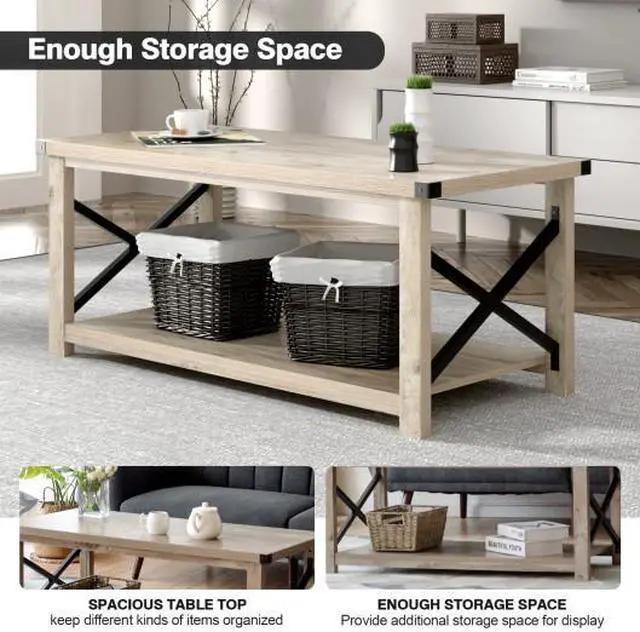 Alt view image 2 of 3 - SlickBlue Rustic Accent Coffee Table Metal X Shaped Side Cocktail Table with Storage Shelf