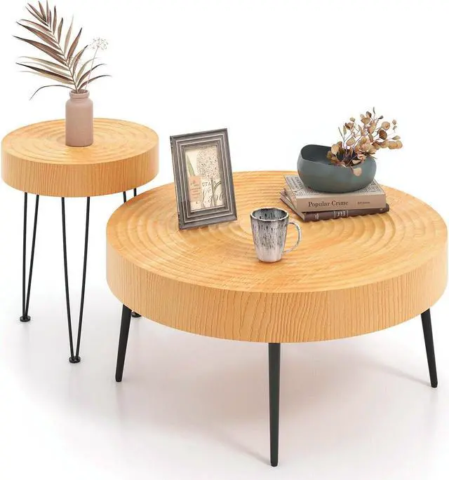 Alt view image 2 of 7 - SlickBlue Set of 2 Solid Wood Farmhouse Round Coffee Tables-Ring Pattern