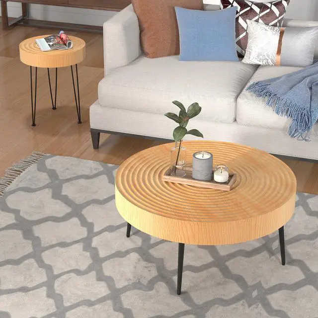 Alt view image 3 of 7 - SlickBlue Set of 2 Solid Wood Farmhouse Round Coffee Tables-Ring Pattern