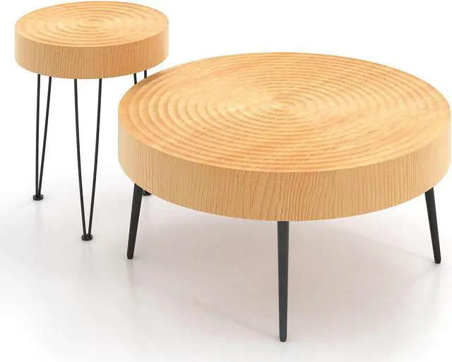 Main image of SlickBlue Set of 2 Solid Wood Farmhouse Round Coffee Tables-Ring Pattern