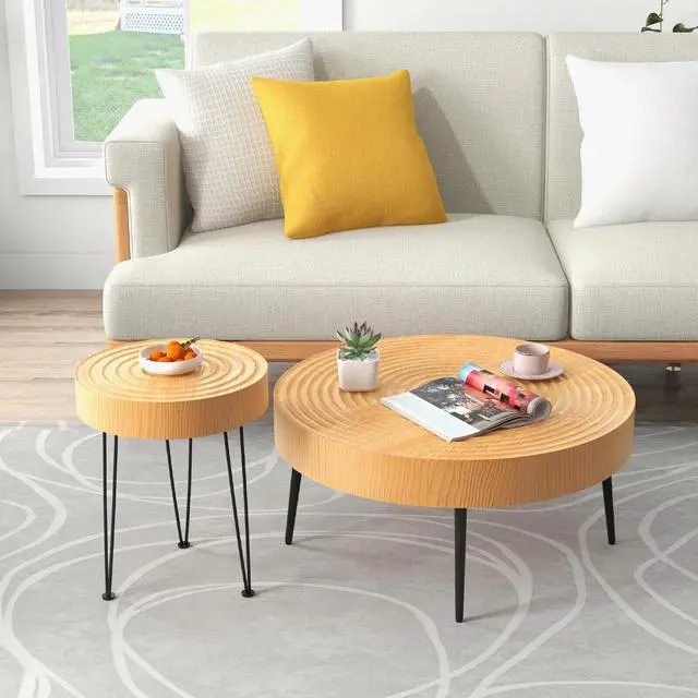 Alt view image 4 of 7 - SlickBlue Set of 2 Solid Wood Farmhouse Round Coffee Tables-Ring Pattern