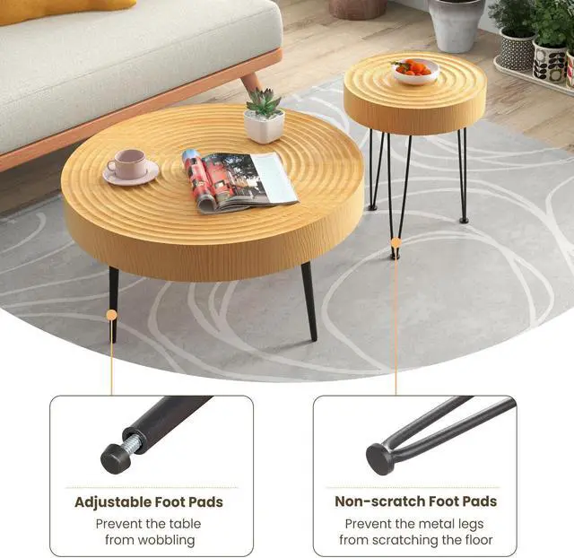 Alt view image 6 of 7 - SlickBlue Set of 2 Solid Wood Farmhouse Round Coffee Tables-Ring Pattern