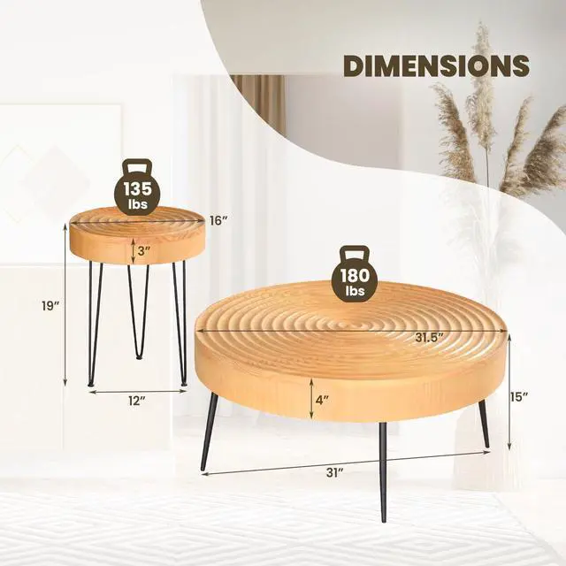 Alt view image 5 of 7 - SlickBlue Set of 2 Solid Wood Farmhouse Round Coffee Tables-Ring Pattern