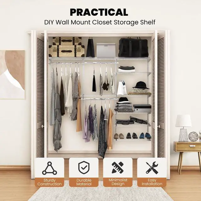 Alt view image 6 of 7 - SlickBlue Adjustable Closet Organizer Kit with Shelves and Hanging Rods for 4 to 6 Feet