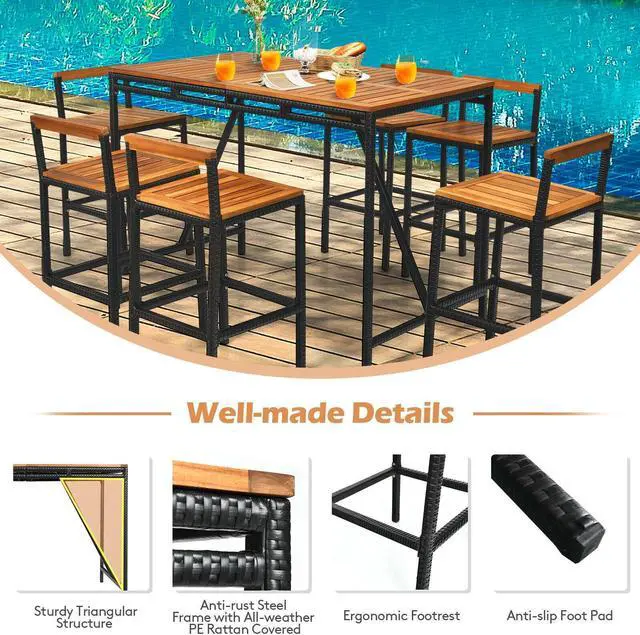 Alt view image 3 of 7 - SlickBlue 7 Pieces Acacia Wood Patio Rattan Bar Set with Umbrella Hole