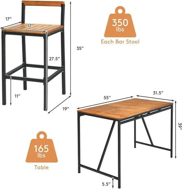 Alt view image 2 of 7 - SlickBlue 7 Pieces Acacia Wood Patio Rattan Bar Set with Umbrella Hole