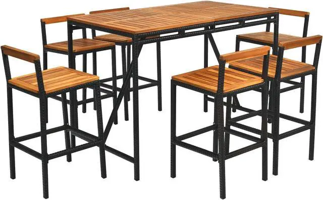 Main image of SlickBlue 7 Pieces Acacia Wood Patio Rattan Bar Set with Umbrella Hole