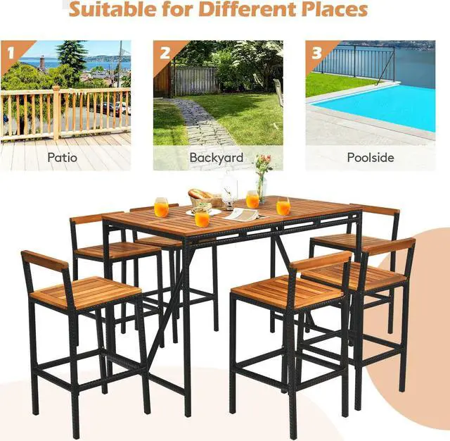 Alt view image 5 of 7 - SlickBlue 7 Pieces Acacia Wood Patio Rattan Bar Set with Umbrella Hole