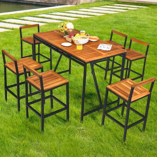 Alt view image 4 of 7 - SlickBlue 7 Pieces Acacia Wood Patio Rattan Bar Set with Umbrella Hole