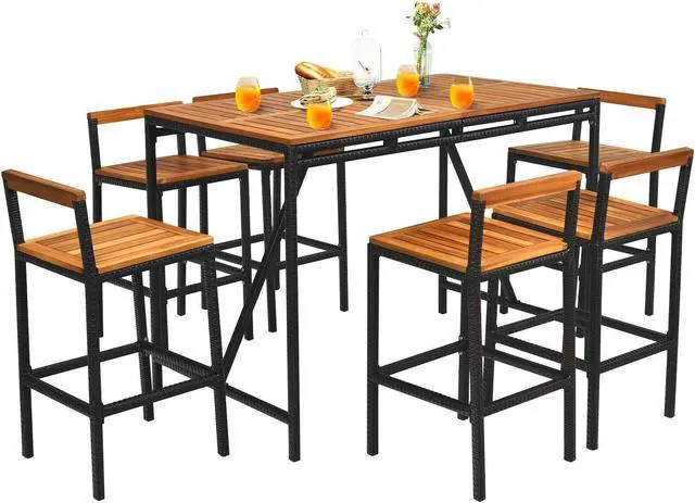 Alt view image 7 of 7 - SlickBlue 7 Pieces Acacia Wood Patio Rattan Bar Set with Umbrella Hole