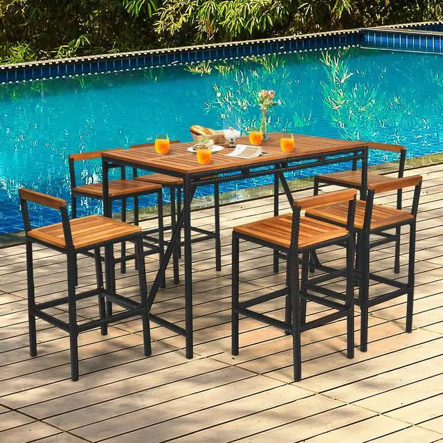 Alt view image 6 of 7 - SlickBlue 7 Pieces Acacia Wood Patio Rattan Bar Set with Umbrella Hole