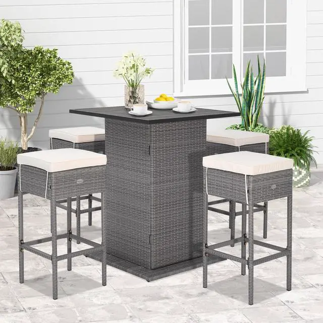 Alt view image 3 of 7 - SlickBlue 5 Pieces Outdoor Wicker Bar Table Set with Hidden Storage Shelves-White
