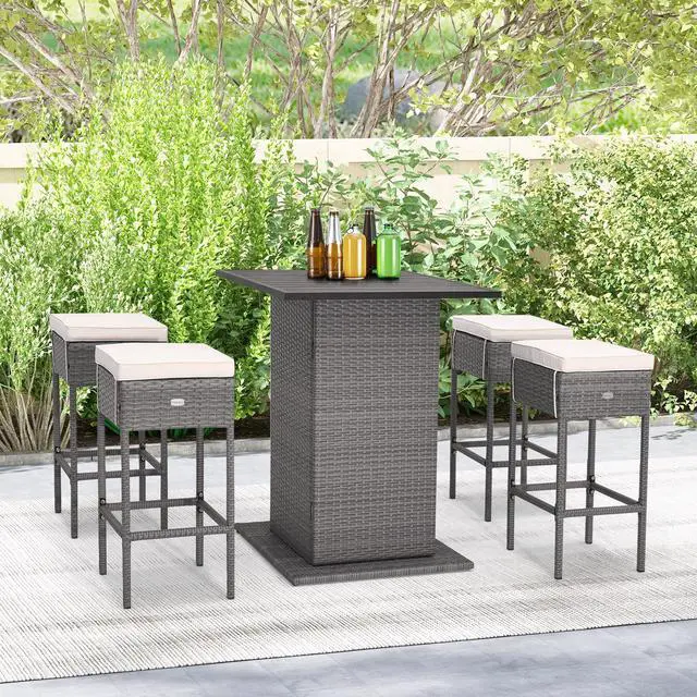 Alt view image 4 of 7 - SlickBlue 5 Pieces Outdoor Wicker Bar Table Set with Hidden Storage Shelves-White
