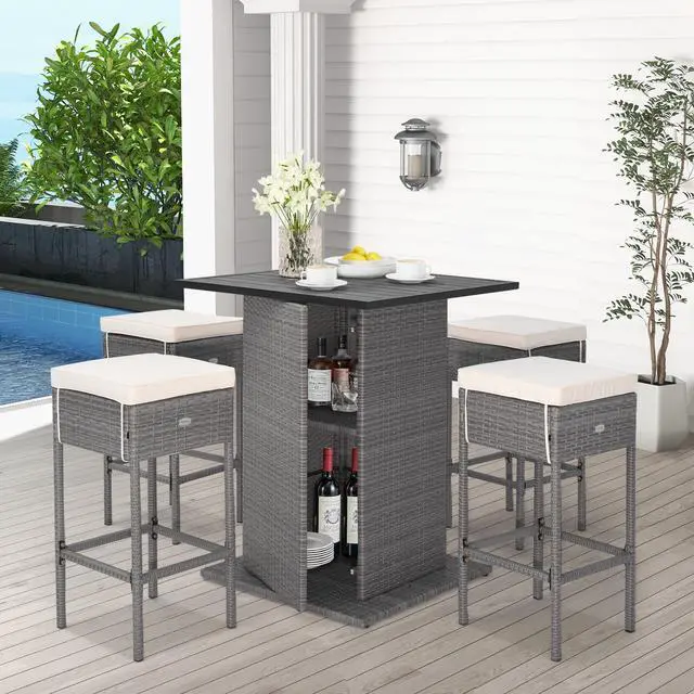 Alt view image 6 of 7 - SlickBlue 5 Pieces Outdoor Wicker Bar Table Set with Hidden Storage Shelves-White