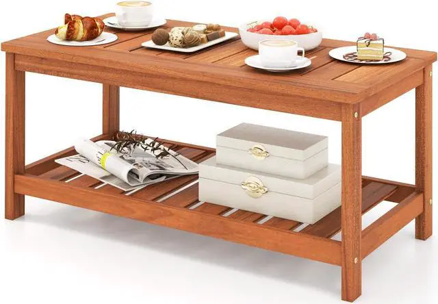 Alt view image 2 of 7 - SlickBlue 2-Tier Patio Coffee Table with Slatted Tabletop and Shelf