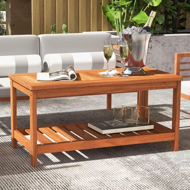 Alt view image 4 of 7 - SlickBlue 2-Tier Patio Coffee Table with Slatted Tabletop and Shelf