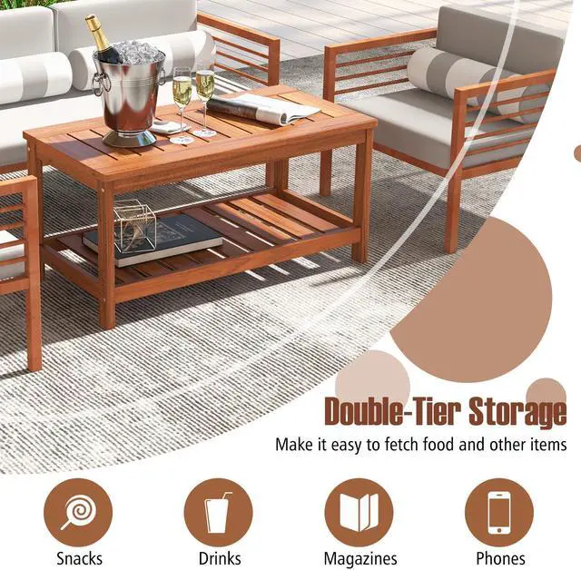 Alt view image 7 of 7 - SlickBlue 2-Tier Patio Coffee Table with Slatted Tabletop and Shelf