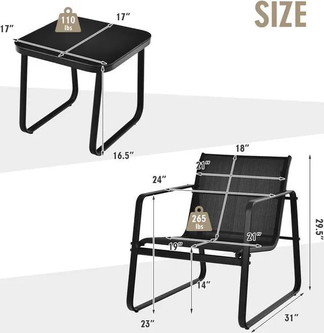 Alt view image 2 of 7 - SlickBlue 3 Pieces Patio Bistro Furniture Set with Glass Top Table Garden Deck-Black
