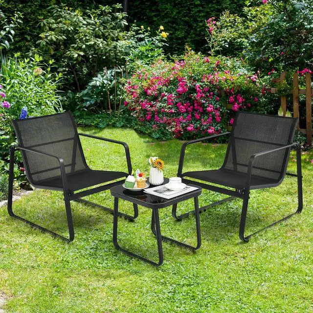 Alt view image 4 of 7 - SlickBlue 3 Pieces Patio Bistro Furniture Set with Glass Top Table Garden Deck-Black