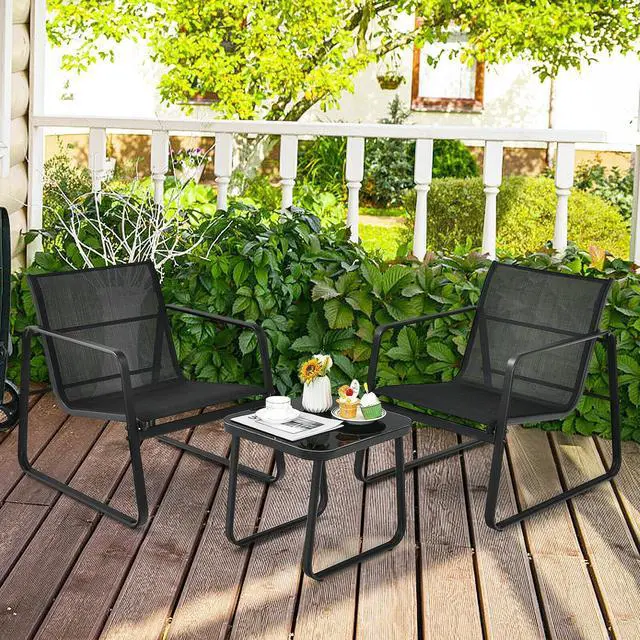 Alt view image 6 of 7 - SlickBlue 3 Pieces Patio Bistro Furniture Set with Glass Top Table Garden Deck-Black