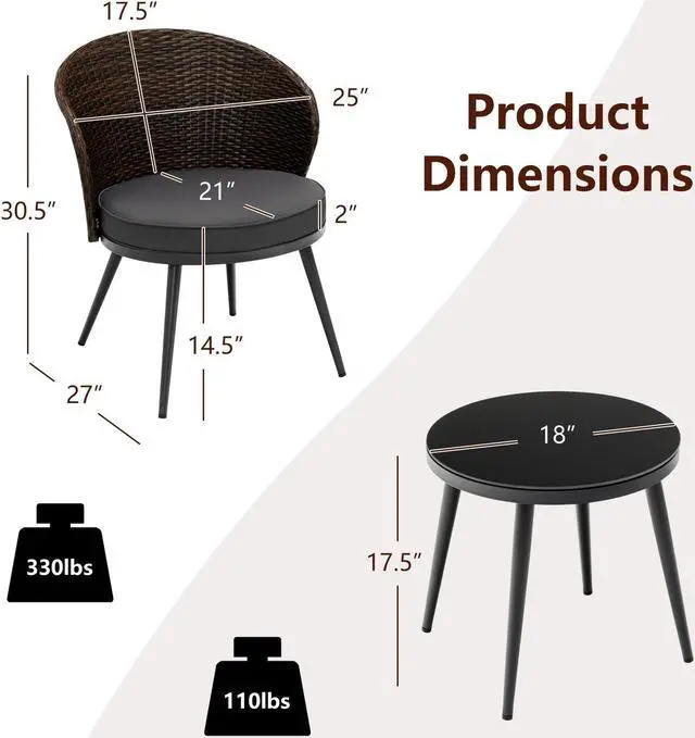 Alt view image 3 of 7 - SlickBlue 3 Pieces Patio Rattan Bistro Set with 2 Seat Cushions and Tempered Glass Tabletop-Brown