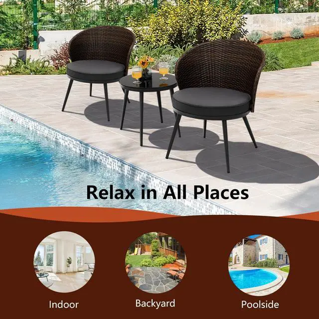Alt view image 2 of 7 - SlickBlue 3 Pieces Patio Rattan Bistro Set with 2 Seat Cushions and Tempered Glass Tabletop-Brown