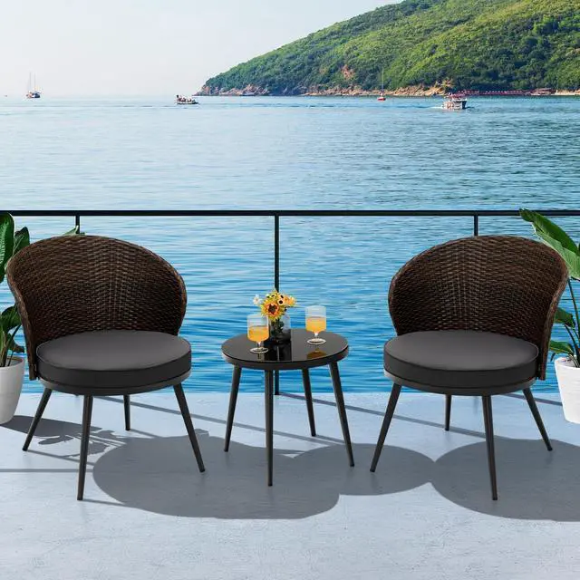 Alt view image 4 of 7 - SlickBlue 3 Pieces Patio Rattan Bistro Set with 2 Seat Cushions and Tempered Glass Tabletop-Brown