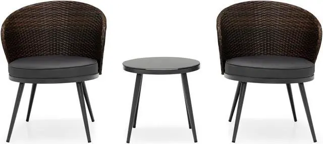 Main image of SlickBlue 3 Pieces Patio Rattan Bistro Set with 2 Seat Cushions and Tempered Glass Tabletop-Brown