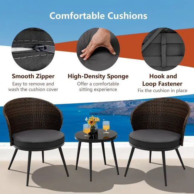 Alt view image 5 of 7 - SlickBlue 3 Pieces Patio Rattan Bistro Set with 2 Seat Cushions and Tempered Glass Tabletop-Brown