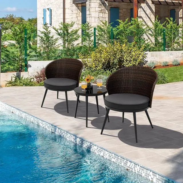 Alt view image 6 of 7 - SlickBlue 3 Pieces Patio Rattan Bistro Set with 2 Seat Cushions and Tempered Glass Tabletop-Brown
