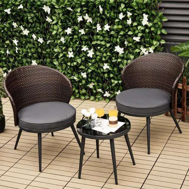 Alt view image 7 of 7 - SlickBlue 3 Pieces Patio Rattan Bistro Set with 2 Seat Cushions and Tempered Glass Tabletop-Brown